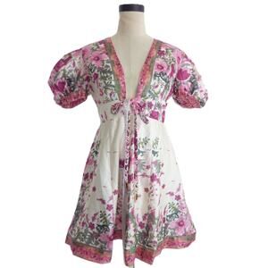 NWT Elliatt Equator Dress White Pink Floral Spring Tie Puff Sleeve Mini Dress S